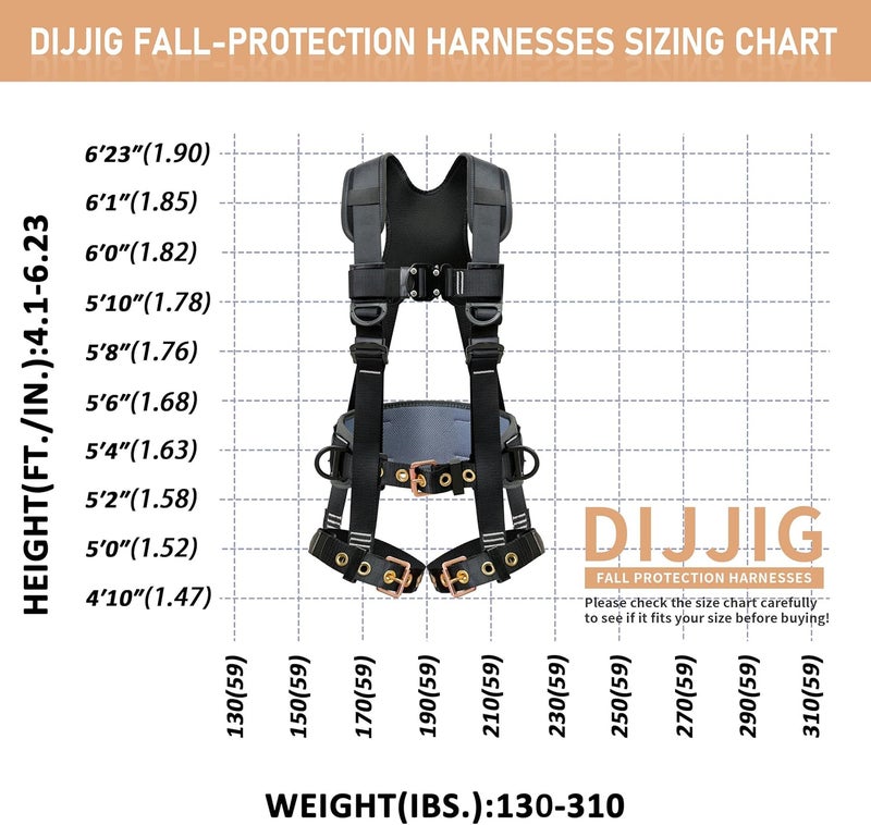 DIJJIG Fall Protection Safety Harnesses Full Body Roofing Construction Harness 5 Point Adjustment Harness Padded Black OSHA/ANSI COMPLIANT - Image 5